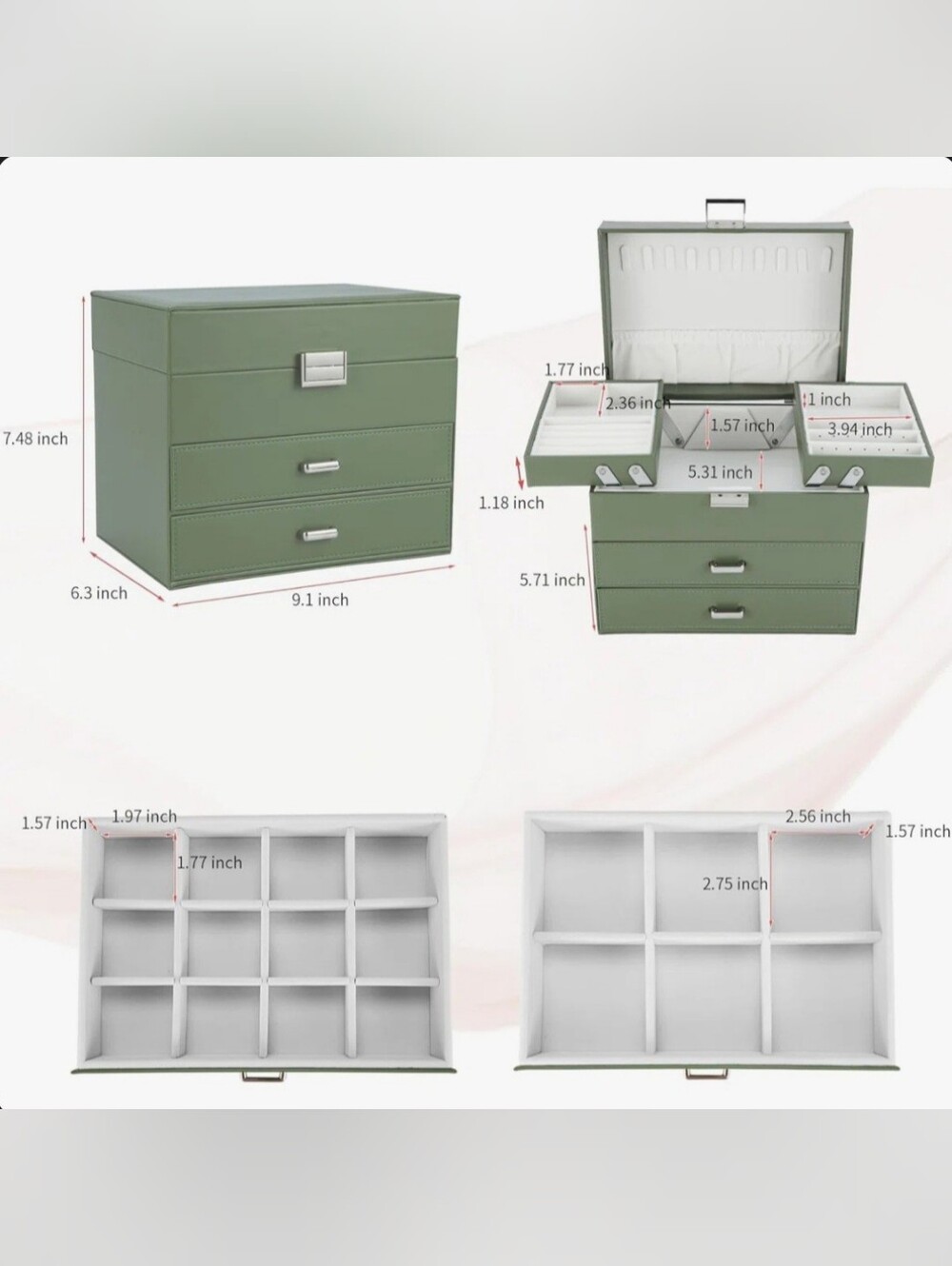Light Blue Faux Leather Lockable Velvet-Lined Jewelry Box Organizer w/ Drawers - Picture 3 of 8